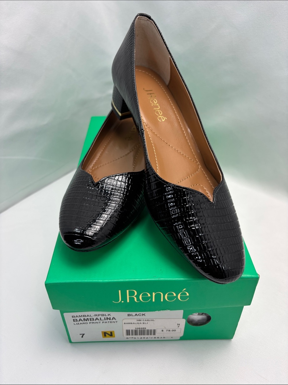 J.Renee Women’s Sz 7N Black Lizard-Print Low Block Heel Loafers‎ #328